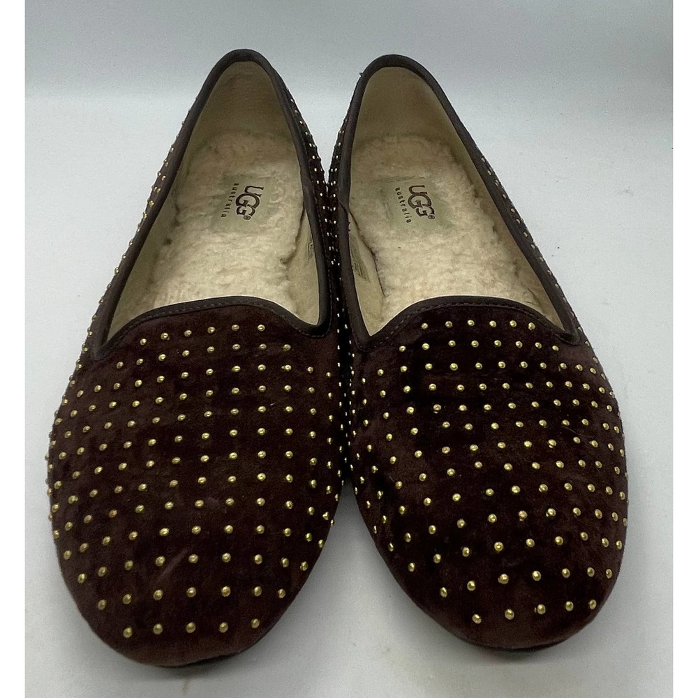 Ugg Australia Alloway Brown Suede Brass Studded Women’s Size 6 Loafers Slippers